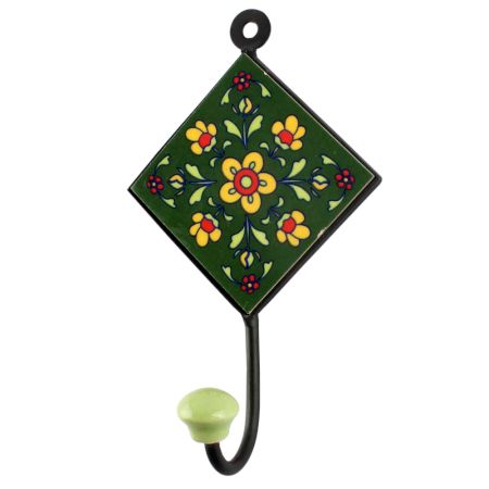 Ceramic Floral Tile Hook in Forest Green